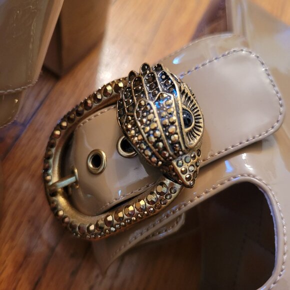 Kurt Geiger 8.5 Patent Leather Beige Platform Heeled Sandals Gold Eagle Buckle - Picture 11 of 13